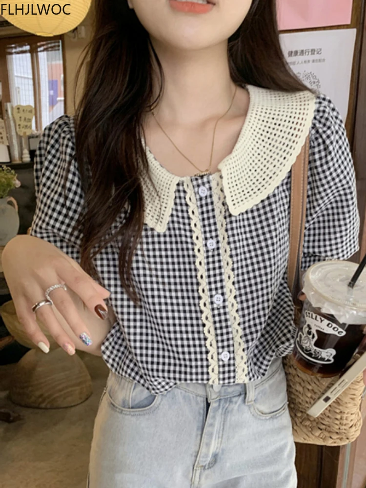 2022 Cute Sweet Ruffles Lace Tops Women Summer Chic Korean Japan Style Clothes Short Top Preppy Girls Black Plaid Shirts Blouses