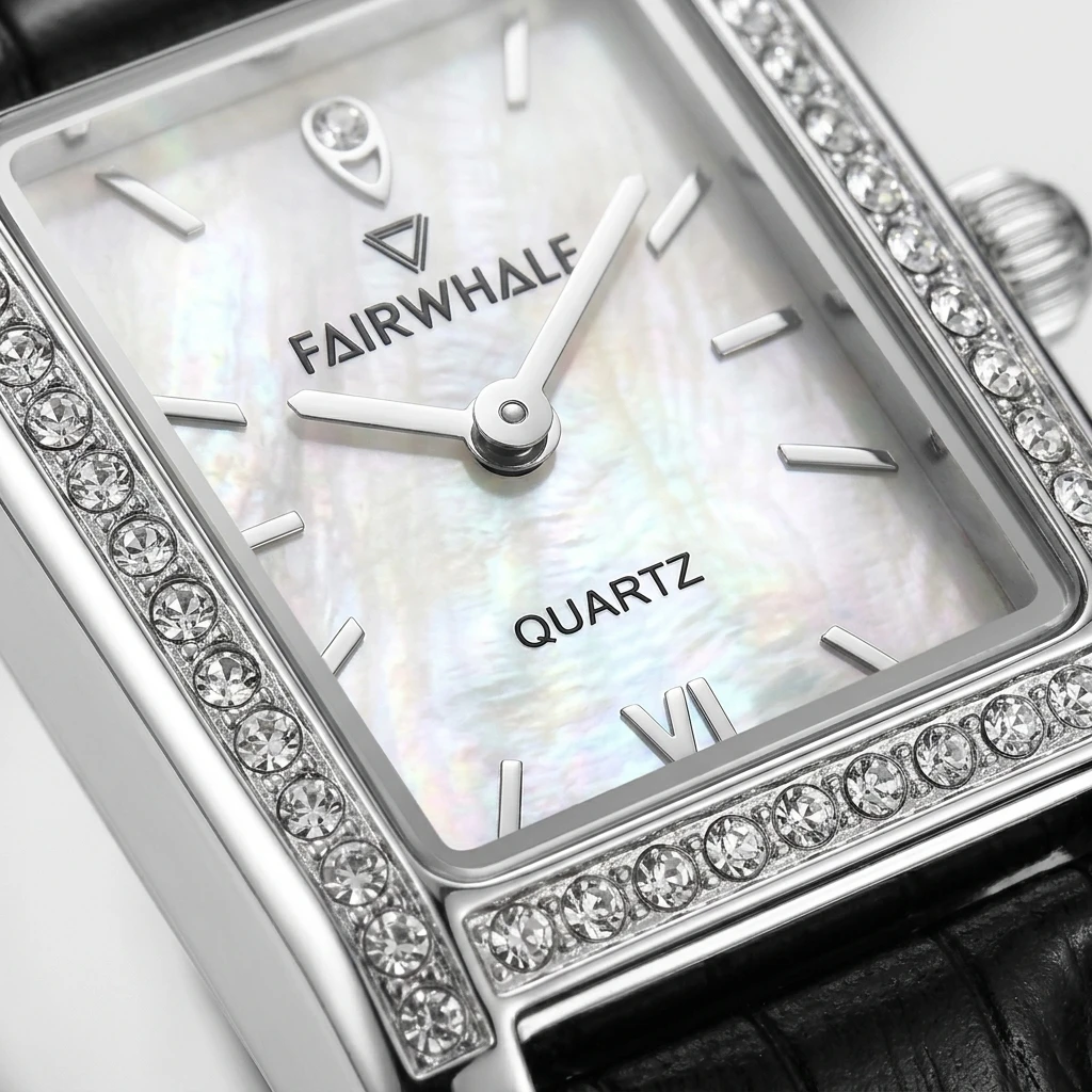 Fairwhale Elegant Ladies Quartz Watch Rectangular Case Shell Dial Sparkling Full Diamond Bezel Leather Strap Female Wrist Watch