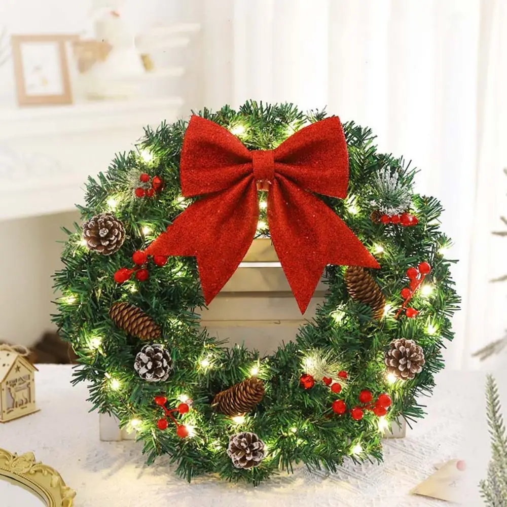 Luminous Christmas Wreath With Light 40cm Xmas Garland Glitter Bow Artificial Branches Pine Cone Christmas Hanging Decoration