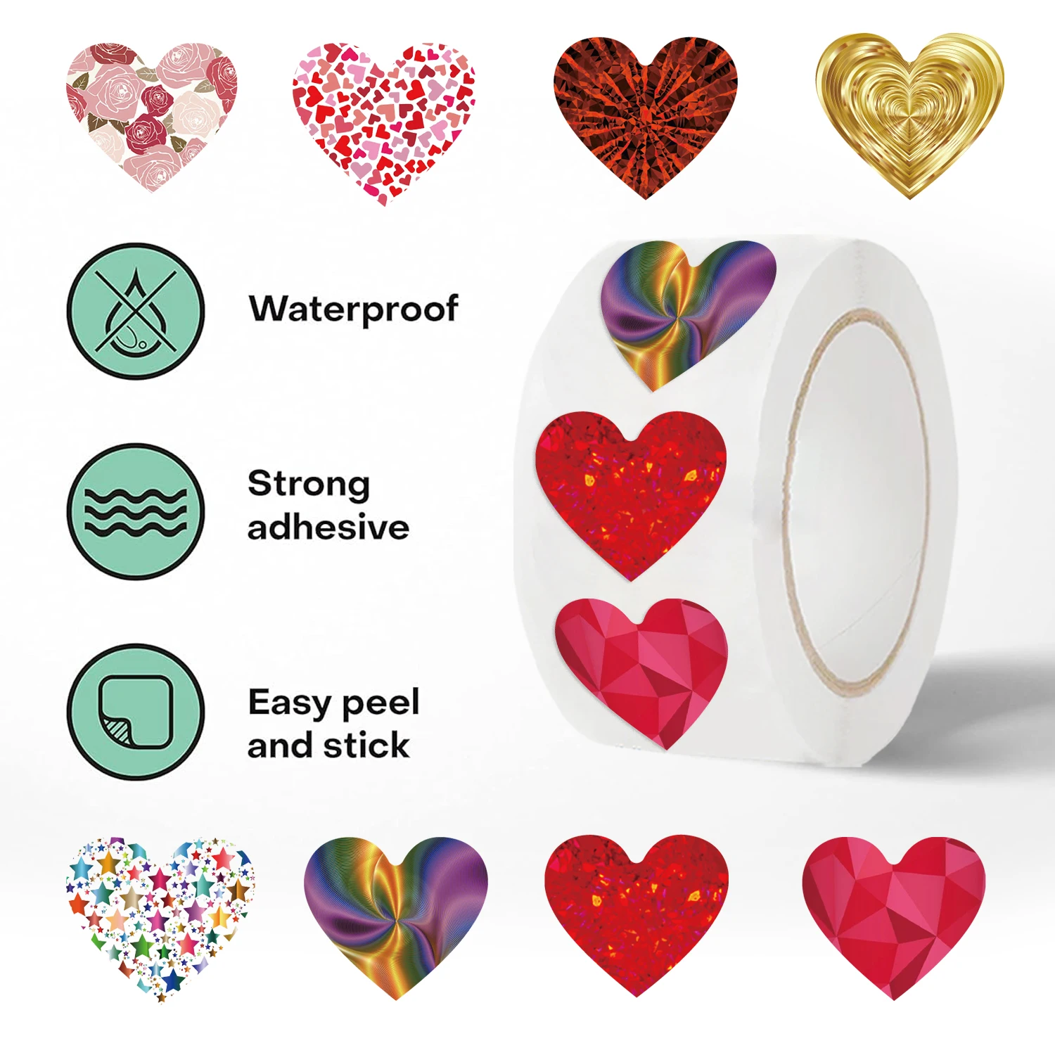 500 stks Shining Heart Stickers Roll Perfect voor Vakantie Decoraties Cadeaulabels Vieringen Kleurrijke Dank U Sticker Ontwerpen