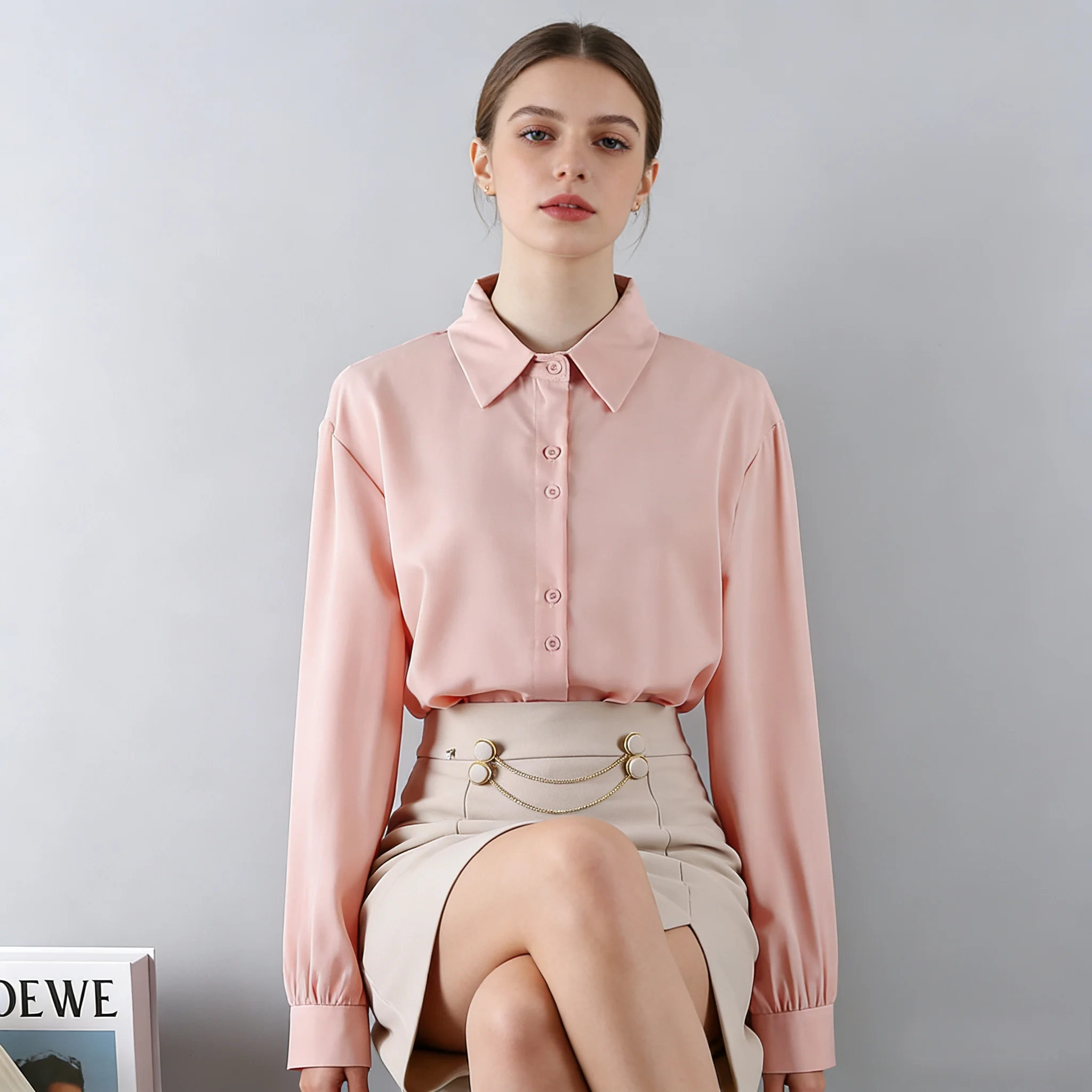 

Women's Pink Blouse Loose Fit Long Sleeve Lapel Collar Chiffon Shirt Casual Office Lady Elegant Button-Down Spring Daily Wear