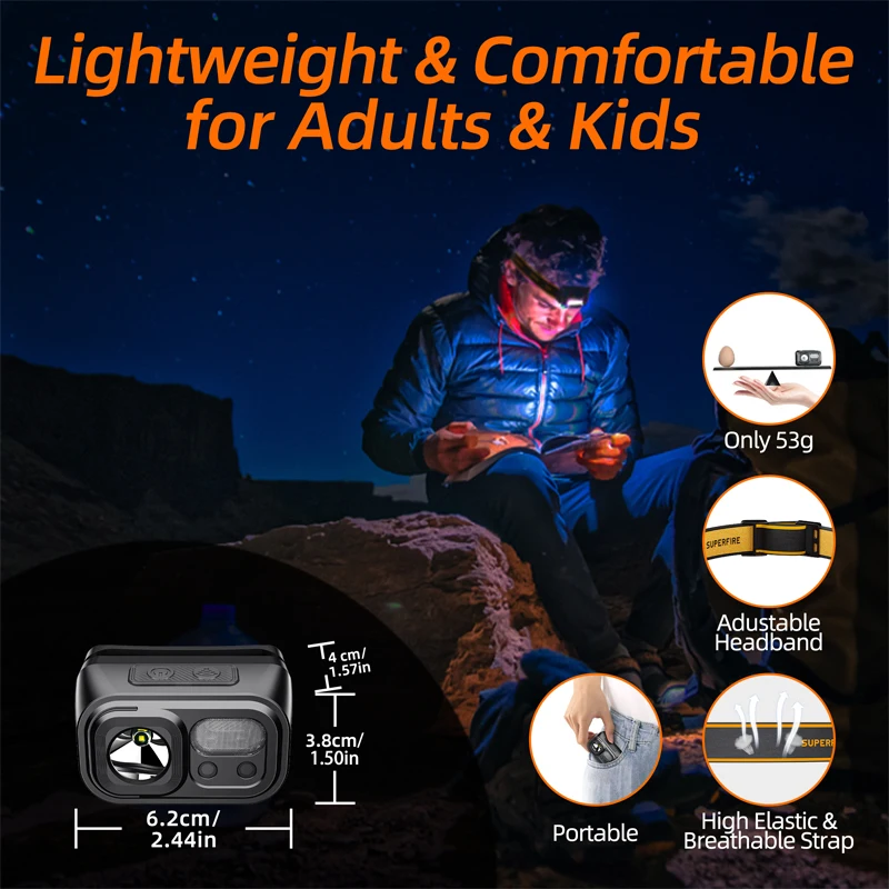 SUPERFIRE Mini Powerful LED Sensor Headlamp Rechargeable USB C Head Flashlight with Red Light for Camping Fishing and Emergency