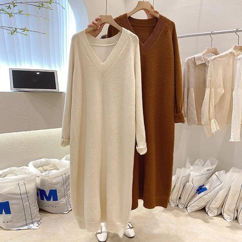 

plus Size V-Neck Knitted Dress Women's Loose Fit Long Sleeve Knee-Length Sweater Dress Casual Korean Style Straight Cut Dress