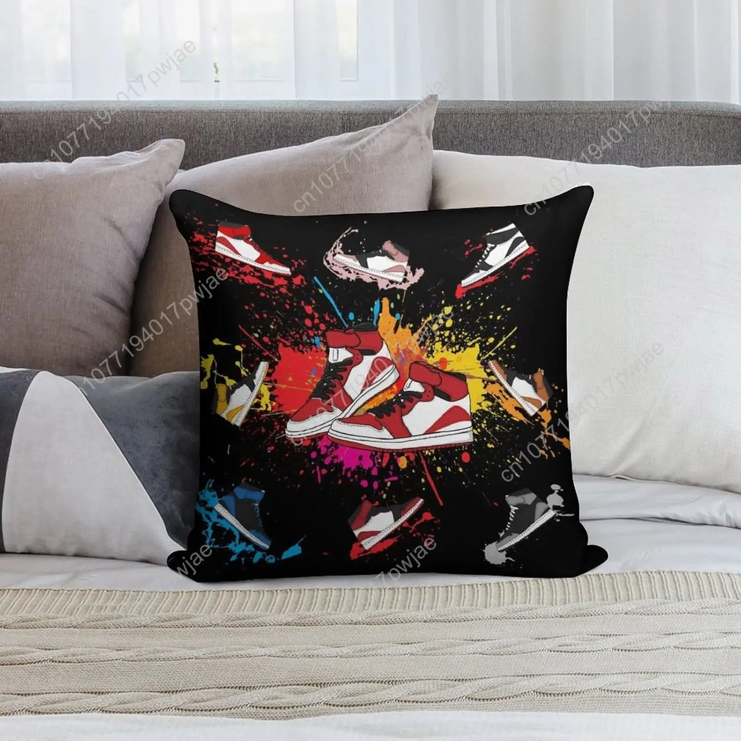 Boys Sports Throw Pillow Covers，Sneaker Shoes Aesthetic Cool Colorful Graffiti Basketball Shoes Throw Pillow Covers for Couch So