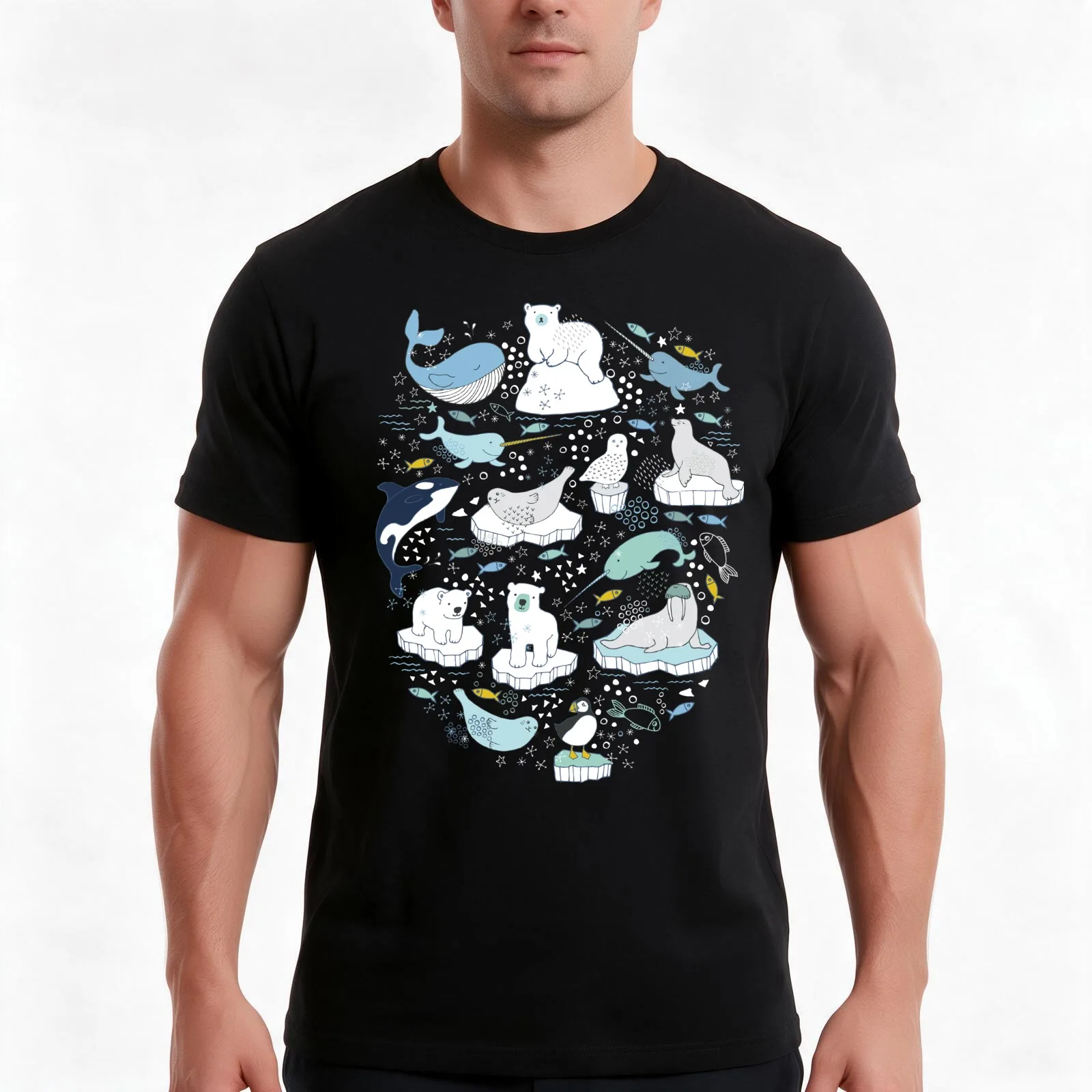 Arctic Animal Icebergs - blue and mustard - Fun Pattern by Cecca Designs T-Shirt Summer Casual Cotton Tee Unisex Men Women