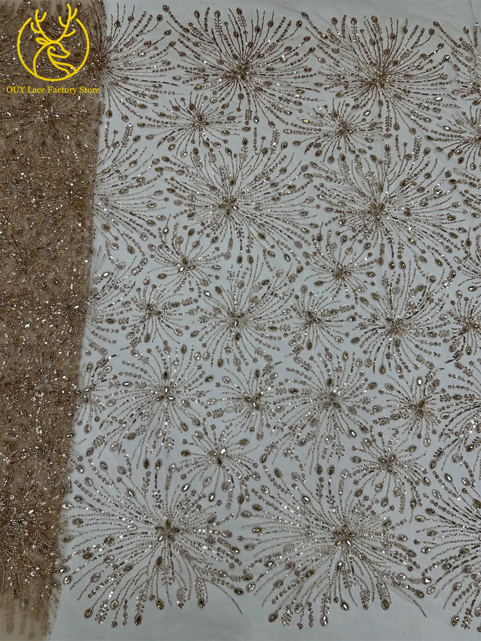 Goldene französische Edelstein-Perlenstickerei-Spitze, hochwertige nigerianische Mesh-Pailletten-Tüllspitze, afrikanischer Spitzenstoff für Damenkleider – Detail 21