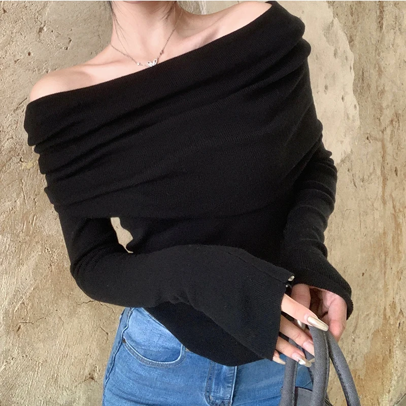 HELIAR Women Knitted Long Sleeve Sweater Off Shoulder Slash Neck Slim Sweater Solid Office Pullovers Women Autumn Winter