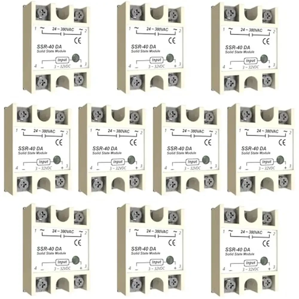 

SSR-40DA Compact Solid State Relay 40A DC Control AC Input 3-32VDC Output 24-380VAC Pack of 10 Single Phase Light Control