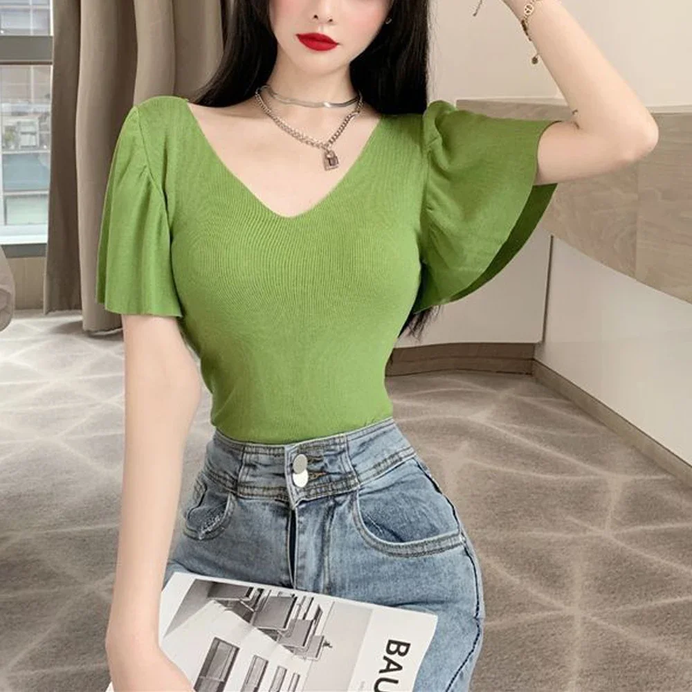 

Women Short Sleeve V-Neck Knitted T Shirt Girl S-XL Sweater Pink Green White Black Tees Female Ruffle Edge Tops Kawaii Clothes