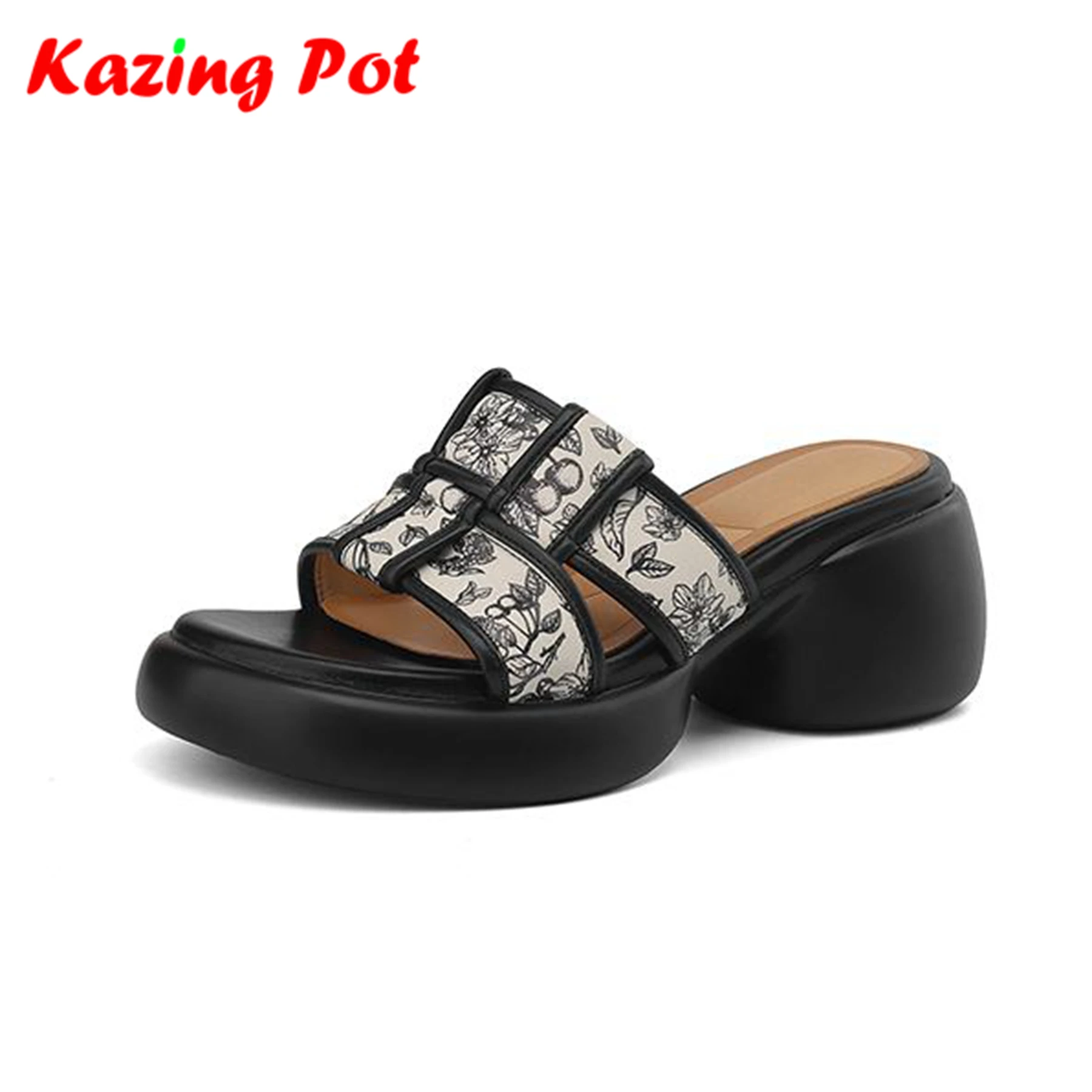 Krazing Pot Peep Toe Cow Skin Summer Shoes Mules British School Chunky Heels Thick Botton Elegant Prints Leather Women Sandals