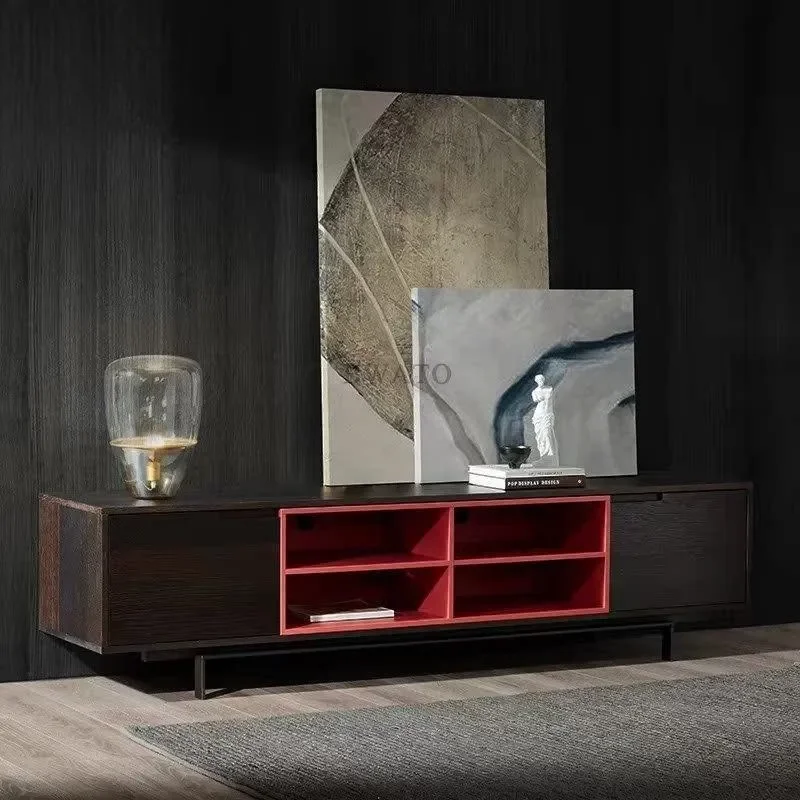 Modern Living Room TV Cabinet Minimalist Light Luxury Floor Stand Black Oak Smoked Wood Media Console with Storage Grids for