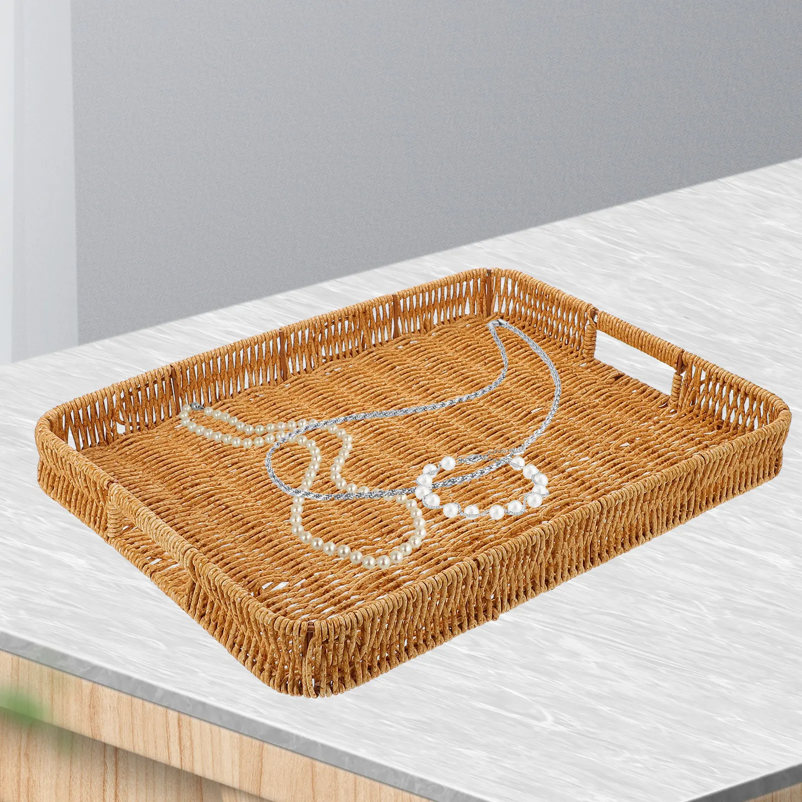 

Elegant Imitation Rattan Storage Tray Multi Purpose Woven Fruit Basket Perfume Organizer Vanity Tabletop Tray For Home