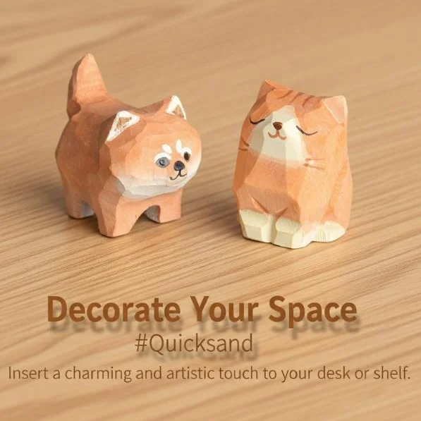 Hand Carved Wooden Shiba Inu Cat Figurine Cartoon Animal Statue Desktop Home Decor Craft Gift