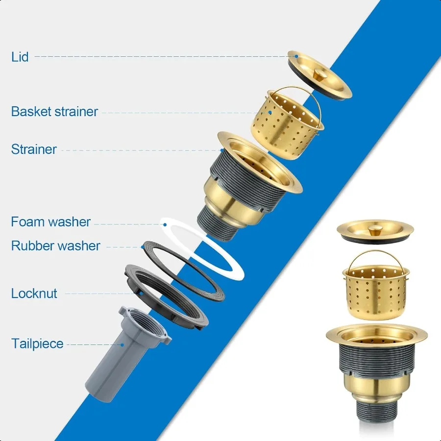 31 2 بوصة حوض المطبخ استنزاف الفولاذ المقاوم للصدأ القابل للإزالة سلة عميقة مصفاة الذهب بالوعة المطبخ استنزاف مع الذيل