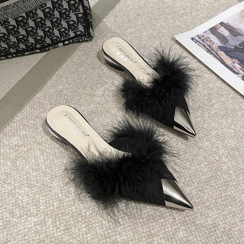 

New Style Fashion Pointy Mule Shoes Women's Fluffy Summer Dress Elegant Slingback Sandals Party Simple and Shallow Cut Style