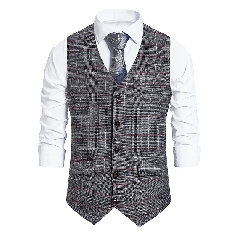 

New Plaid Suit Vest For Men Wool Tweed Casual Slim Fit Waistcoat Formal Business Vest For Groomsmen For WeddingGrey Jacket