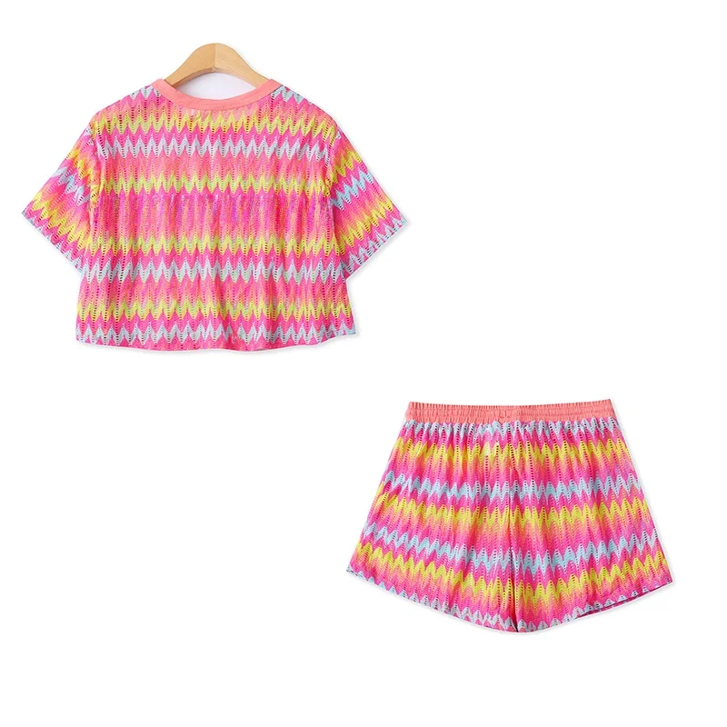 Conjunto de rayas de colores, novedad de verano, cseta hoada de manga corta para mujer, plones cortos elásticos, ven...