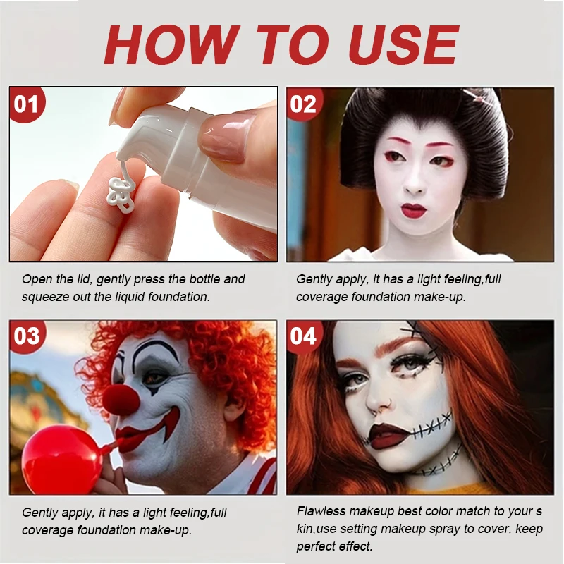 Halloween Liquid Goth White Makeup Color Matching Foundation Concealer Cosplay White Clown White Face Body Paint Discolor – Detail 6