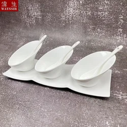 White Ceramics Sauce Dish Set with Spoon, Salad Bowl, Salt and Pepper Porcelain, Home Hotel and Restaurant Use, 7Pcs