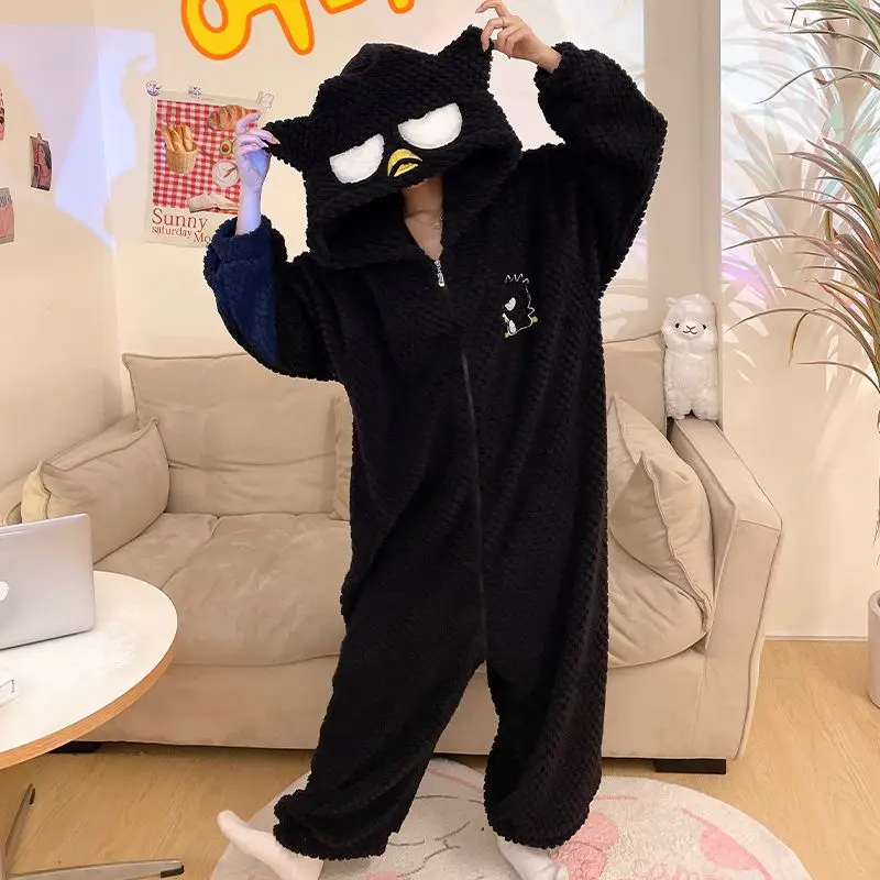 Kawaii Kuromi Jumpsuit Pajamas Sanrioed Xo Anime Cartoon Student Autumn Winter Coral Fleece Comfortable Warm Home Wear Nightgow