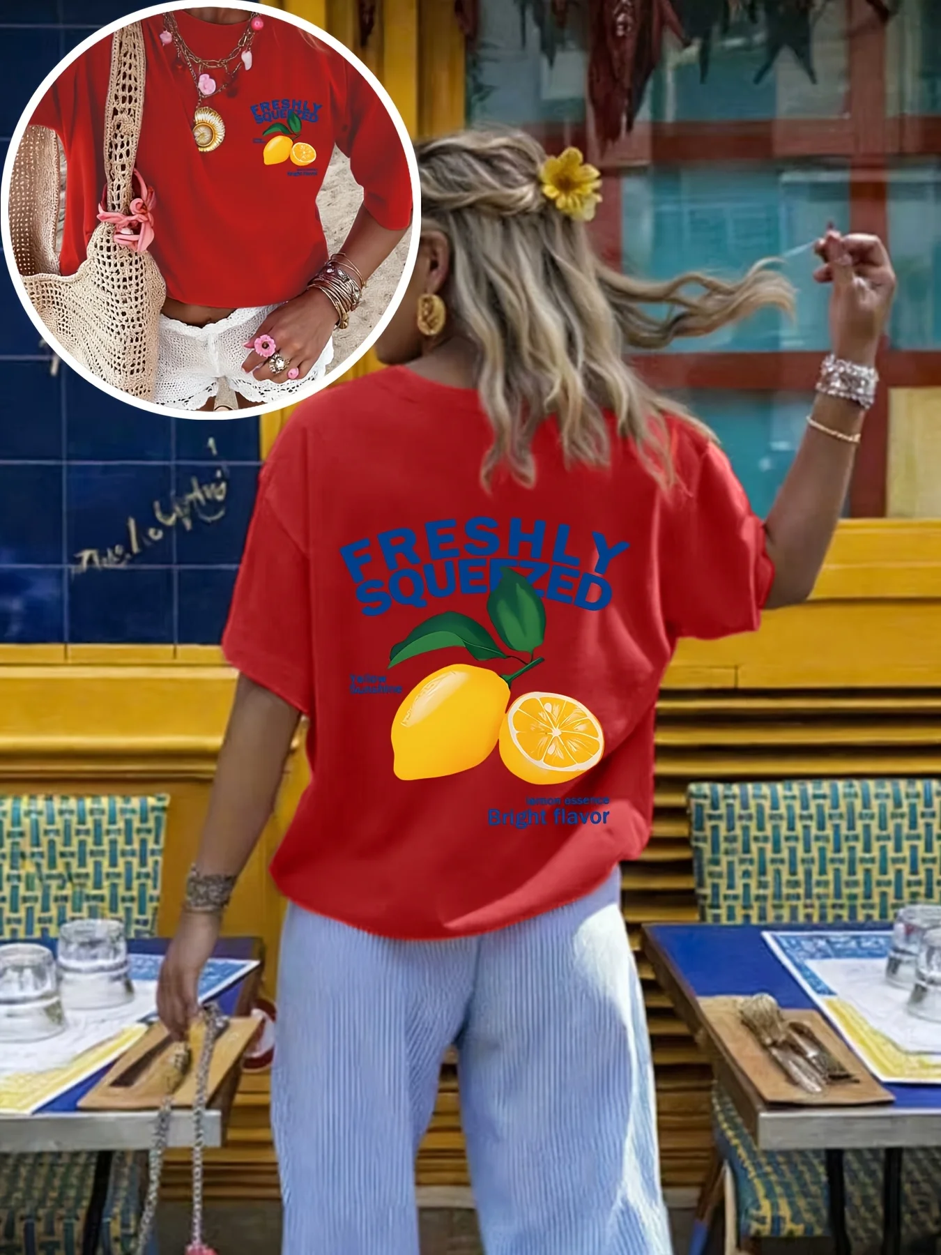 2026 New Women's Round Neck Beach Vacation Style Lemon English Letter Print Fashion Short Sleeve Summer Casual T-Shirt Circle