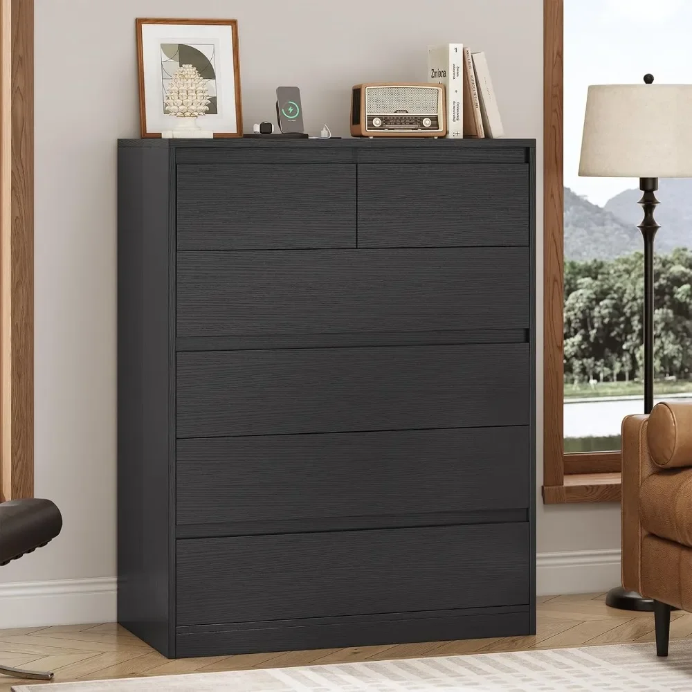 Black Dresser Modern Tall Dresser with Charging Station Handle Free Wooden 6 Drawer Dresser for Bedroom Modern Tall Dressers