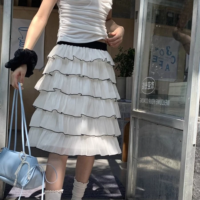 

Multi-layered A-line Cake Midi Skirt for Women Summer New High Waist Puffy Skirt