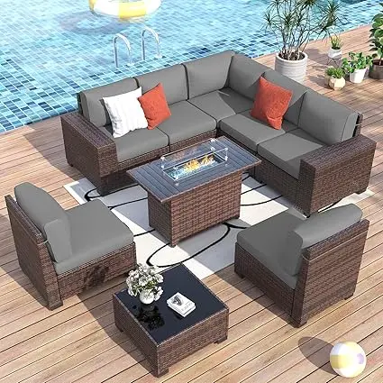 Outdoor Patio Furniture Wide Sectional Rattan Sofa Set, Wicker  Conversation Set w/Cover for Deck, Poolside, Porch