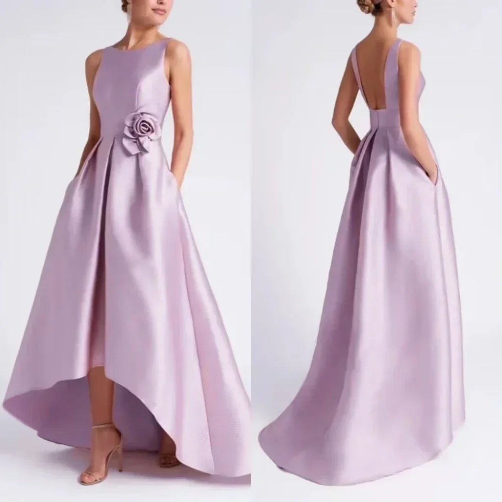 Vestidos de fiesta sin mangas elegantes franceses personalizados, Vestidos de noche lisos simples, vestido Formal de satén con flores para fiesta de boda y cumpleaños