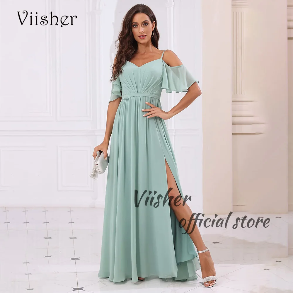 Viisher Aqua Chiffon A Line Bridesmaid Dresses with Slit for Women Cold Shoulder Spaghetti Straps V Neck Bridesmaid Dress