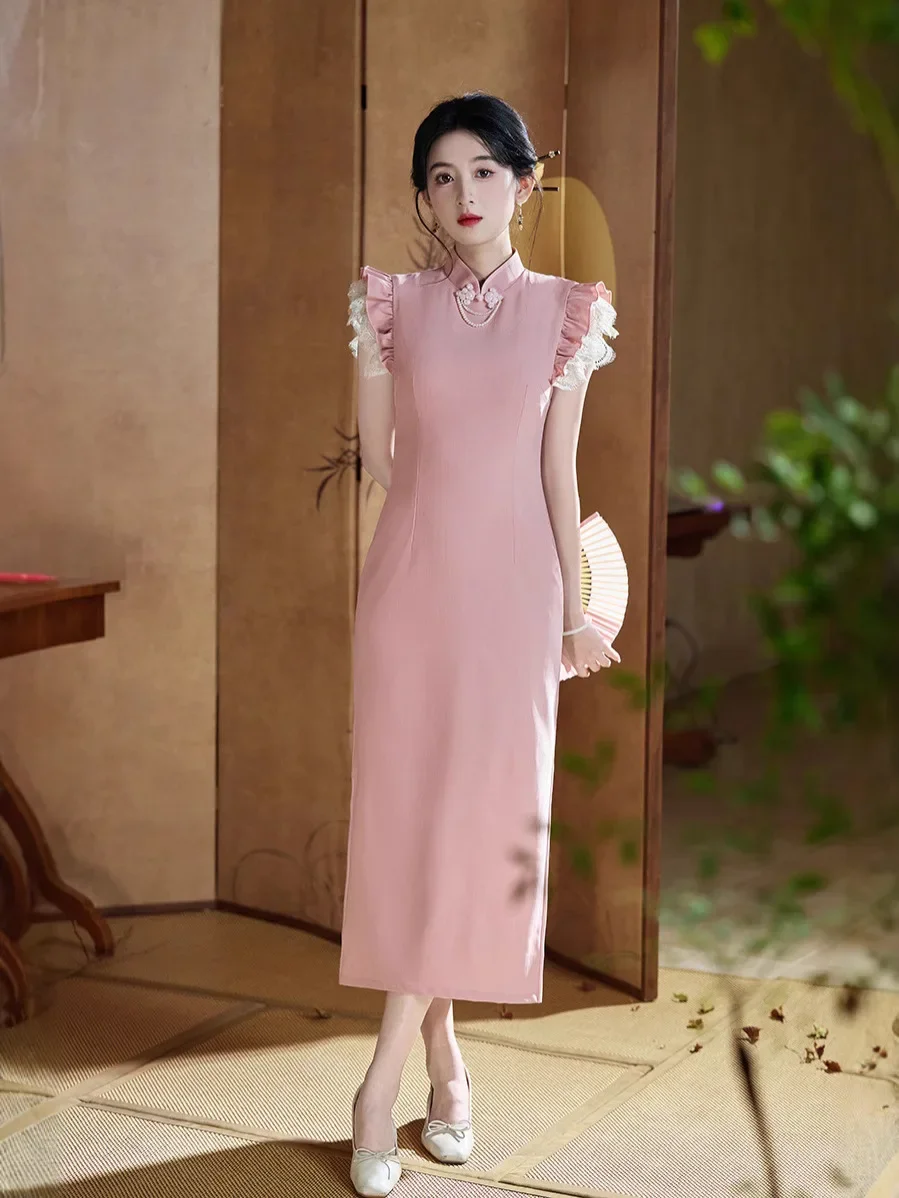 

2025 Spring/Summer New Improved Cheongsam Daily Art Long Style Flying Sleeves Elegant Qipao Dress