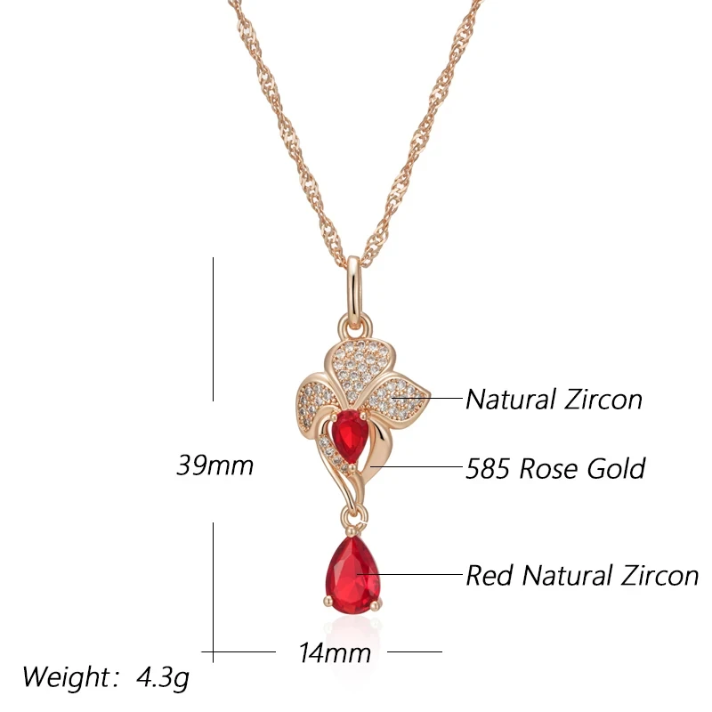 Wbmqda Luxury Red Pomegranate Flower Pendant And Necklace For Women 585 Rose Gold Color Retro Wedding Party Jewelry