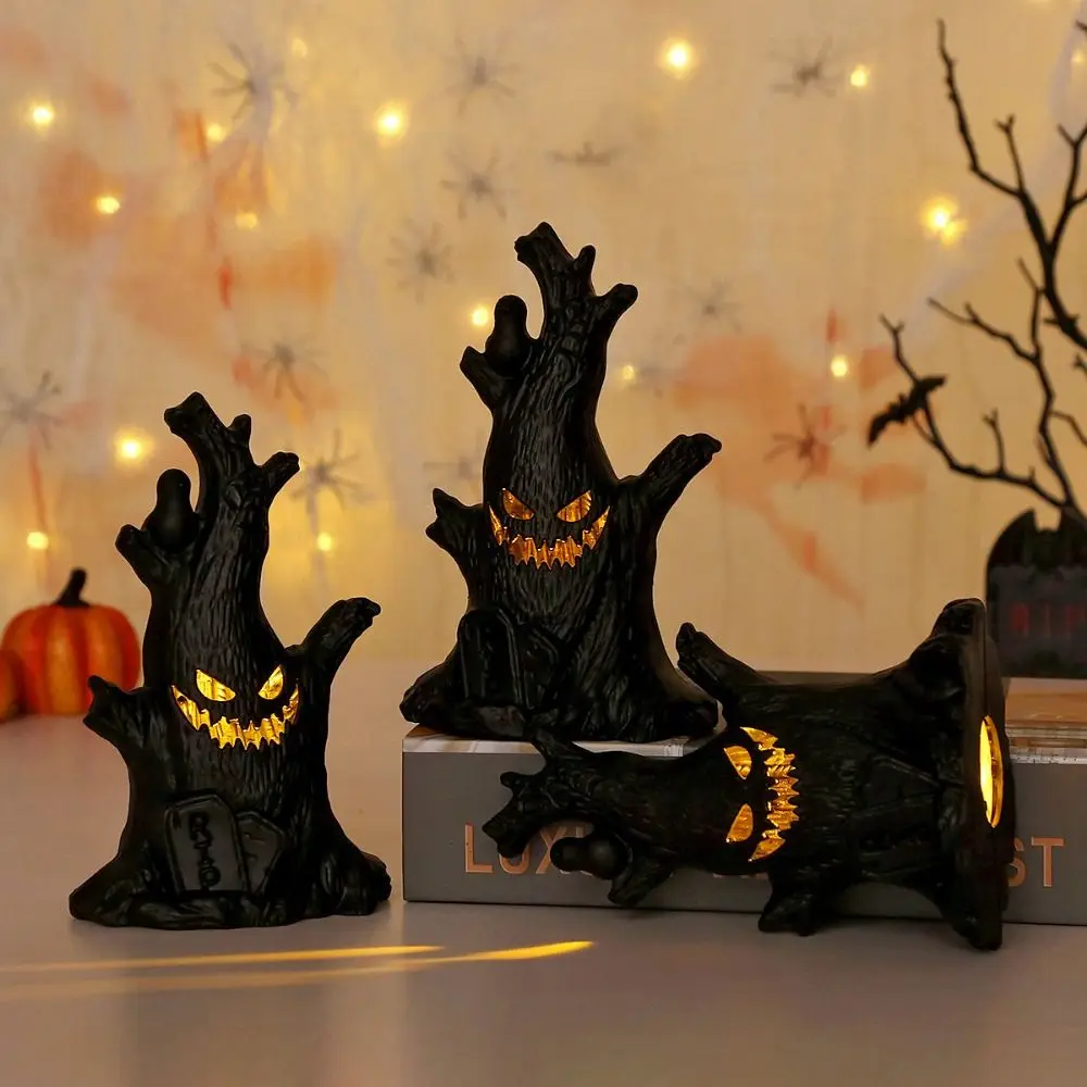 LED Glowing Ghost Face Candle Safety Handmade Halloween Ghost Tree Lantern Electronic Ghost Tree Stumps Candle