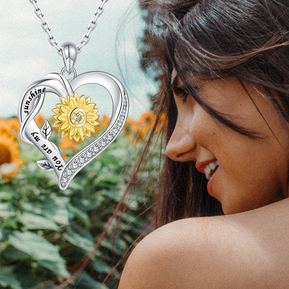 925 Sterling Silver Heart Sunflower You are My Sunshine Necklace With Zircon Pendant Jewelry Birthday Gifts For Women Mom Wife