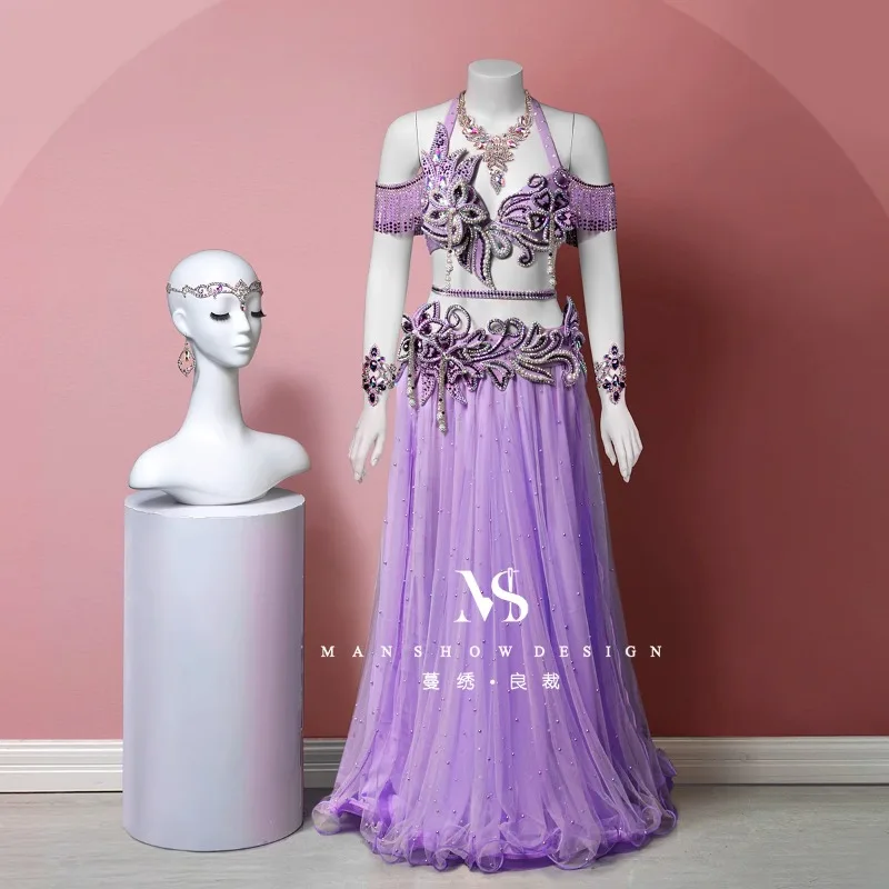 

Customized Belly Dance Performance Costume Mesh Skirt Tassel Shoulder Sleeve Bra Waist Cover Accessories Competition Dress 8Pcs