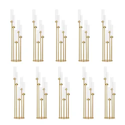 Gold Floor Candelabra 5 Arm Tall Candle Holder with Acrylic Lampshade for Wedding Table Birthday Party Decoration 10PCS