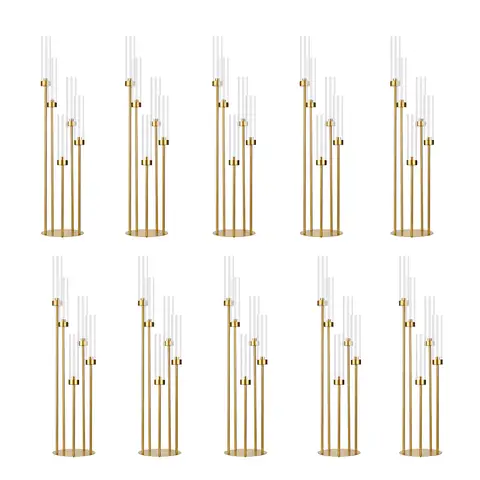 Gold Floor Candelabra 5 Arm Tall Candle Holder with Acrylic Lampshade for Wedding Table Birthday Party Decoration 10PCS