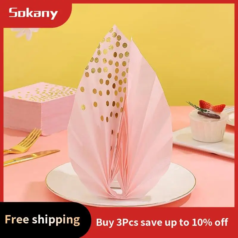 

A59E-400 Count Disposable Napkins Pink & Gold Raw Wood Pulp For Birthday Dinner Memorial Wedding Party Supplies