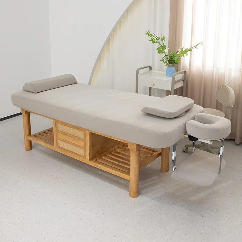 Massage Bed, Solid Wood Massage Table, PU Leather Manual Beauty Bed with Storage, 190 x 80 x 65 cm, Commercial Salon Furniture