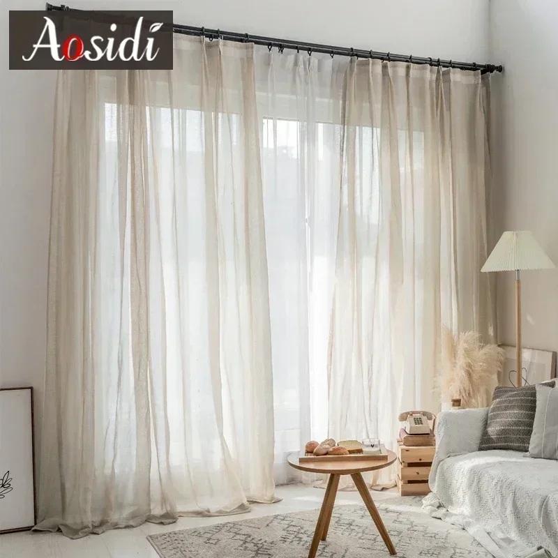 Beige linen tulle curtains for living room Modern flax sheer curtains for bedroom Solid voile curtain for children window drapes