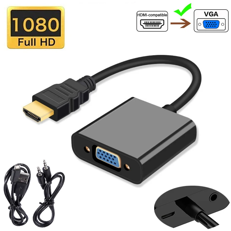 HDMI-compatible To VGA Cable Converter With 3.5 Audio Power Supply Adapter HD 1080P For Tablet Laptops Desktop PC Projector HDTV