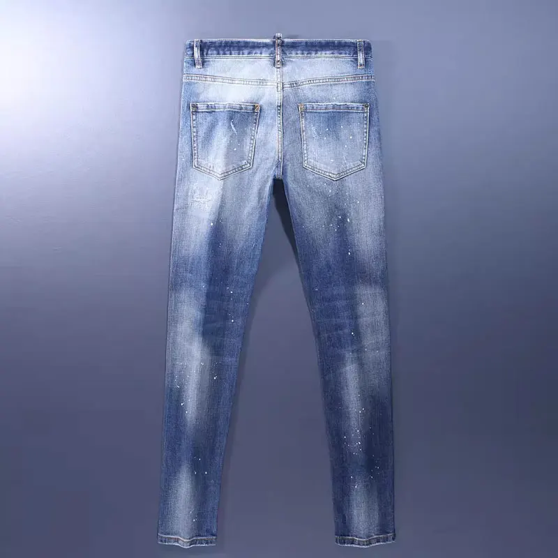 Designer Fashion New Men's Jeans with Wrinkle, Painted, Washed, Nostalgic, Elastic, Slim Fit, Tear Blue Jeans, High Street Hip H