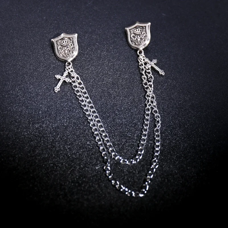 AN012 Rustic Silver Style Shirt Collar Decoration Necklace Alloy Metal Shield Pattern Lapel Pin Fashionable Accessory for Men