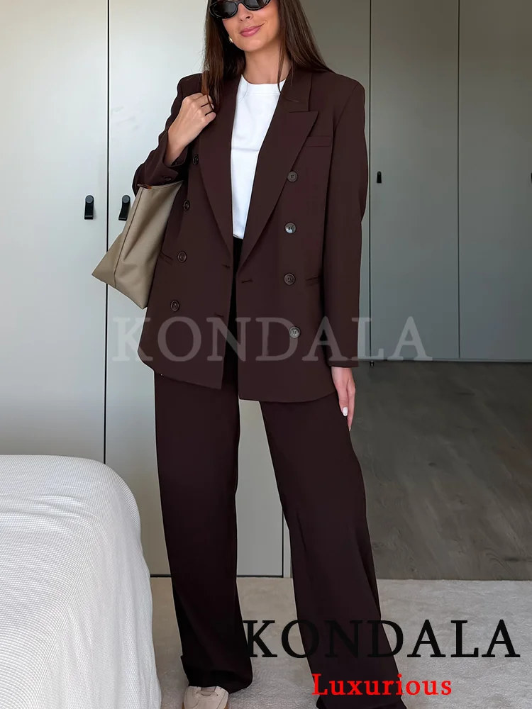 

KONDALA винтажный шикарный офисный женский однотонный женский костюм, двубортный пиджак, прямые свободные брюки, модные комплекты осень-зима 2025 г.