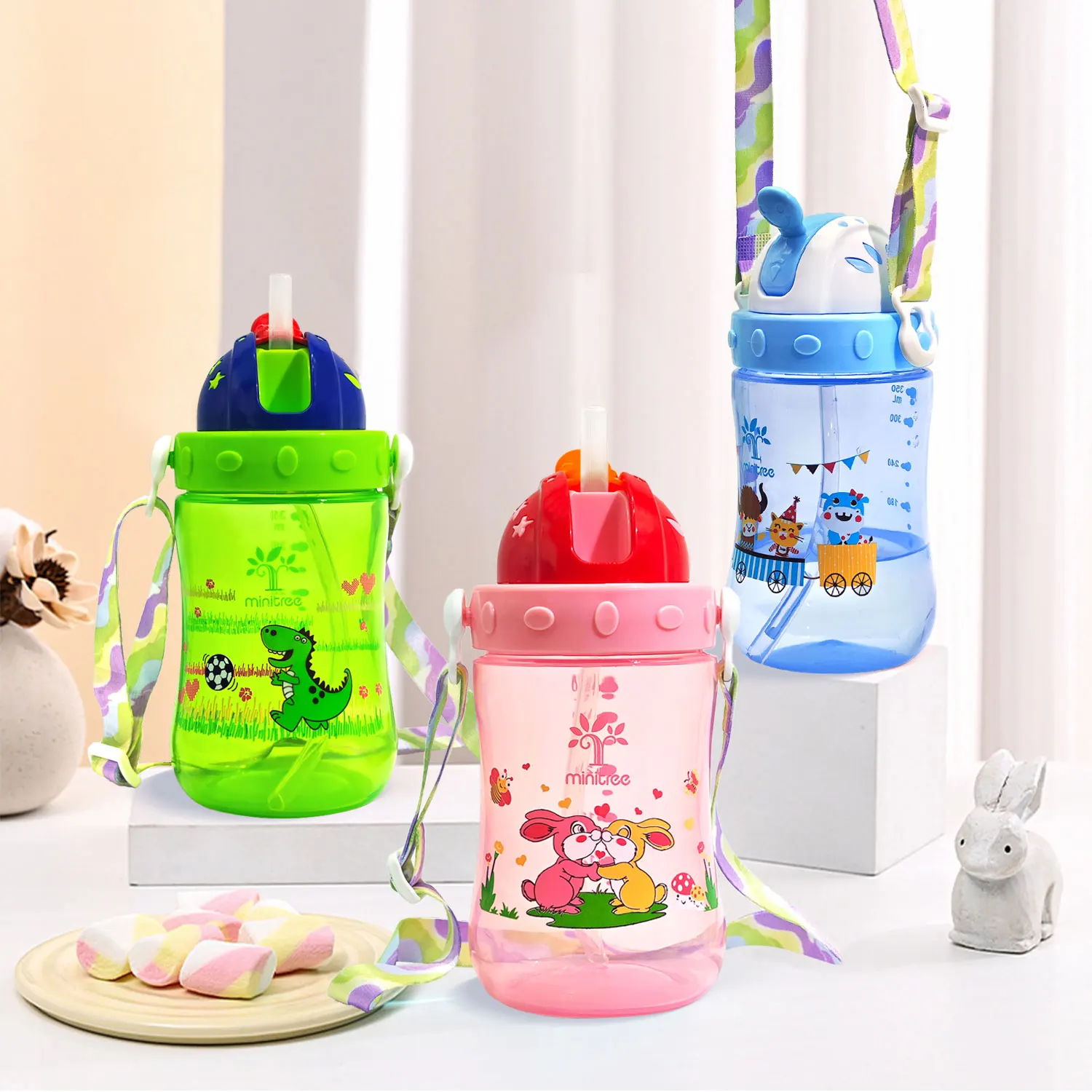 350ML large-capacity children's new sports water cup with strap cartoon straw cup PP material anti-fall and anti-leakage
