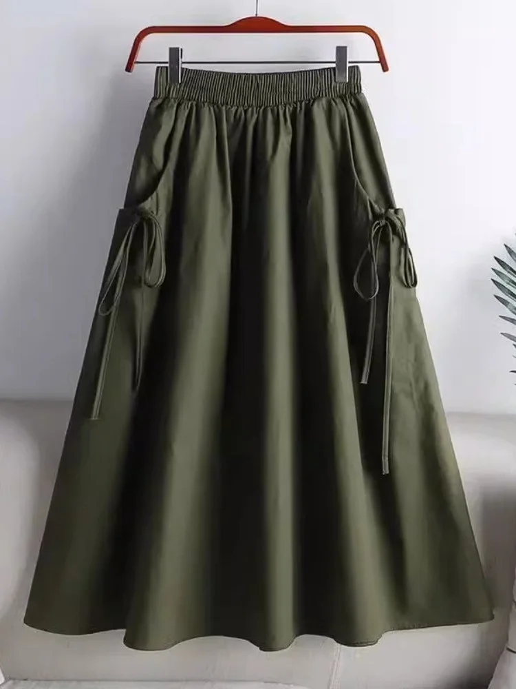 

Versatile Workwear High Waist A-Line Skirt Women's Mid-Length Drawstring Pocket Pure Color Summer New Arrival
