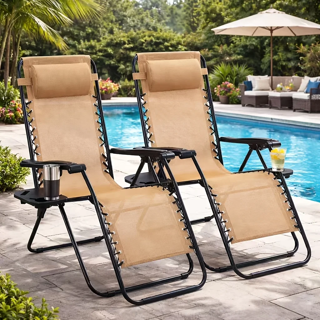 

2pcs Zero Gravity Patio Recliner, Folding Lounge with Adjustable Pillow & Cup Tray, Suitable for Gardens And Outdoor Use