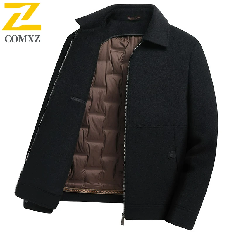

COMXZ Men Short Down Jacket Thicken Business Casual Goose Down Filled Coat High Quality Detachable Lightweight Winter Wool Coat