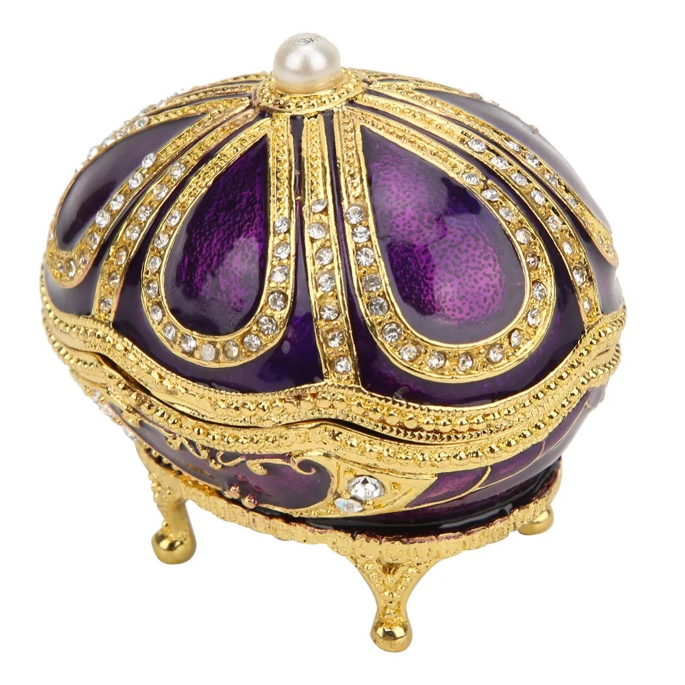 Hinged Lid Metal Trinket Box Purple Enamel Crystal Accent Rhinestone Ornament Sparkling Rhinestone Enamel Jewelry Box
