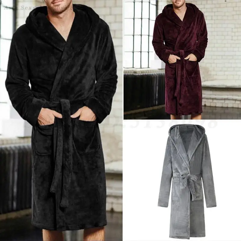 Thickened Coral Fleece Long Robe Sleepwear Plus Size 5XL Flannel Men Home Clothes Loungewear Winter Hooded Bathrobe Nightwear